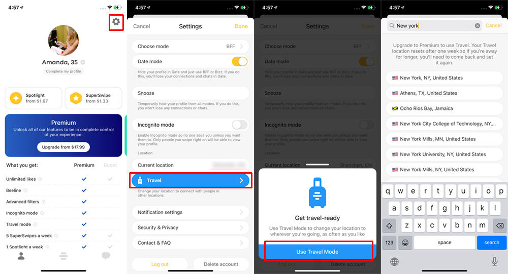 使用 Travel Mode 更改 Bumble 位置
