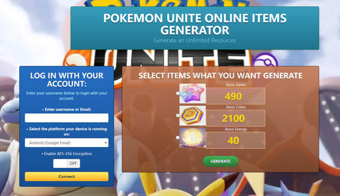 pokemon unite online items generator